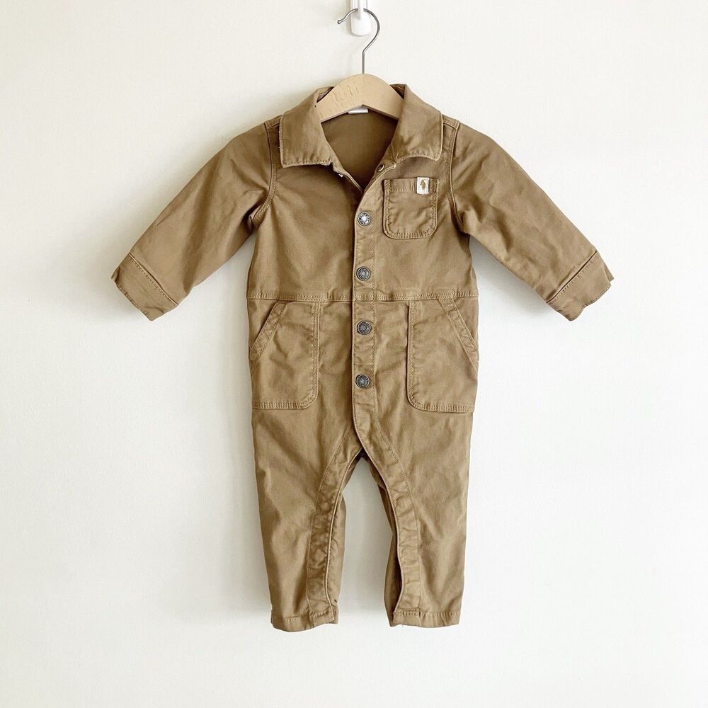 Carters Jumpsuit Baby 12M Coverall Long Sleeve Brown Pockets Unisex